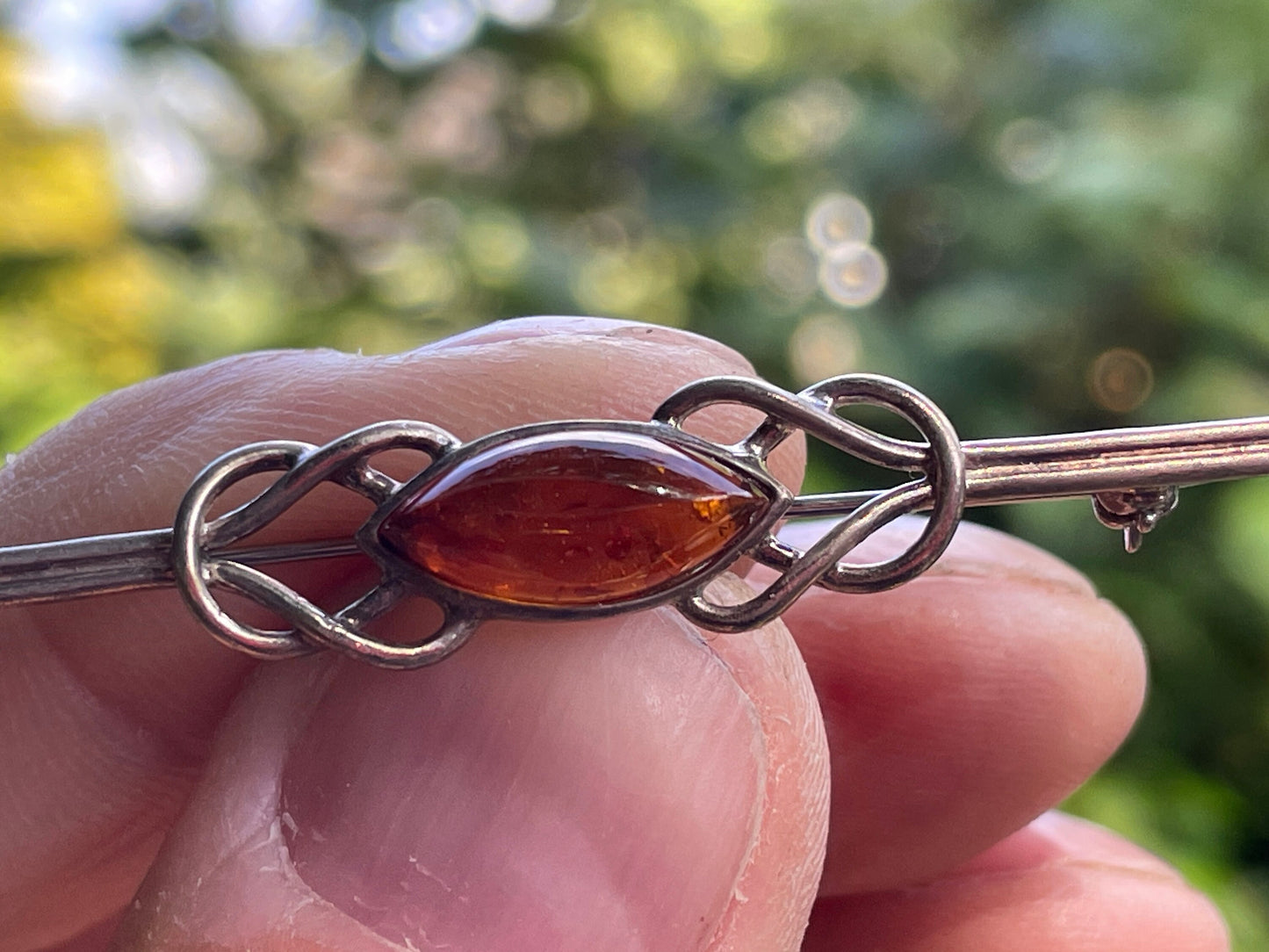 925 silver and amber Celtic design Arts and crafts bar brooch 5.5cm long