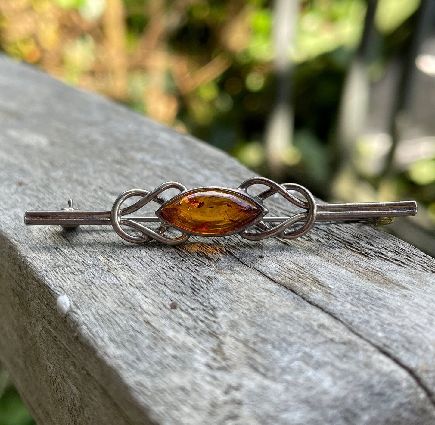 925 silver and amber Celtic design Arts and crafts bar brooch 5.5cm long