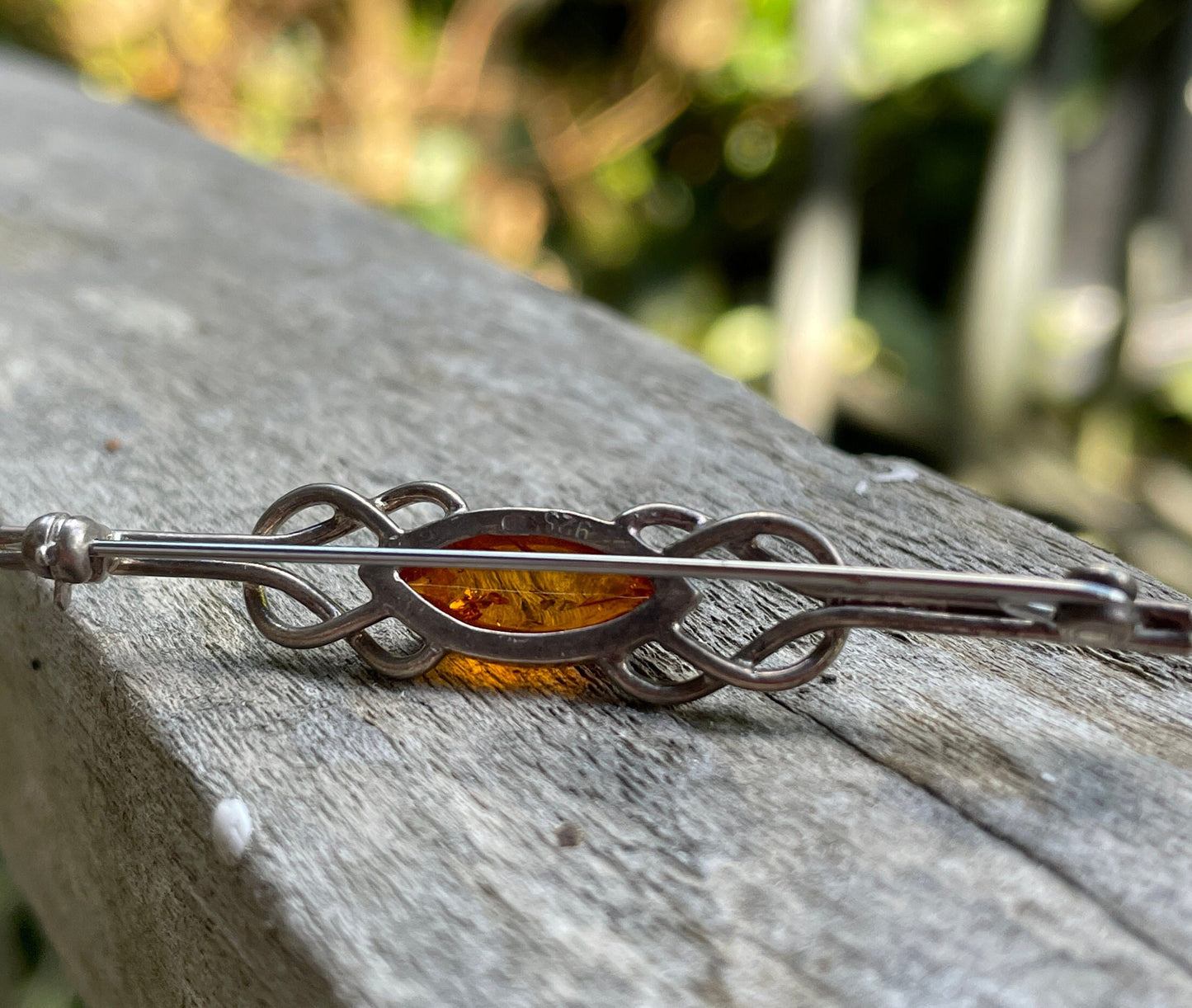 925 silver and amber Celtic design Arts and crafts bar brooch 5.5cm long