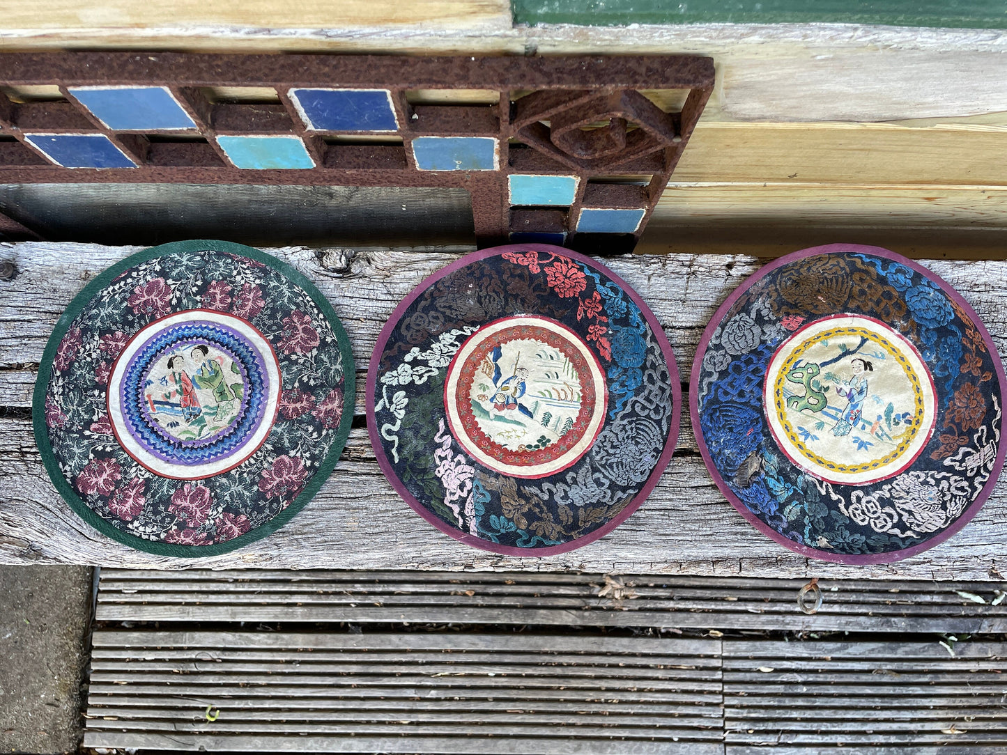 Three Vintage Chinese hand Embroidered Satin Silk Round Mats 21cm diameter