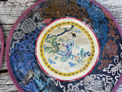 Three Vintage Chinese hand Embroidered Satin Silk Round Mats 21cm diameter