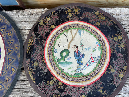 Three Vintage Chinese hand Embroidered Satin Silk Round Mats 23cm diameter