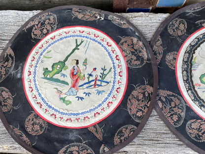 Three Vintage Chinese hand Embroidered Satin Silk Round Mats 24cm diameter