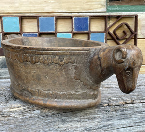 Antique Rajasthan Hand-Carved Wooden Kharal Bowl - 43cm Ram Head Vessel
