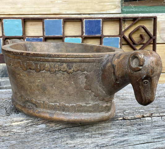 Antique Rajasthan Hand-Carved Wooden Kharal Bowl - 43cm Ram Head Vessel