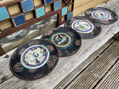 Four Vintage Chinese hand Embroidered Satin Silk Round Mats 21cm diameter