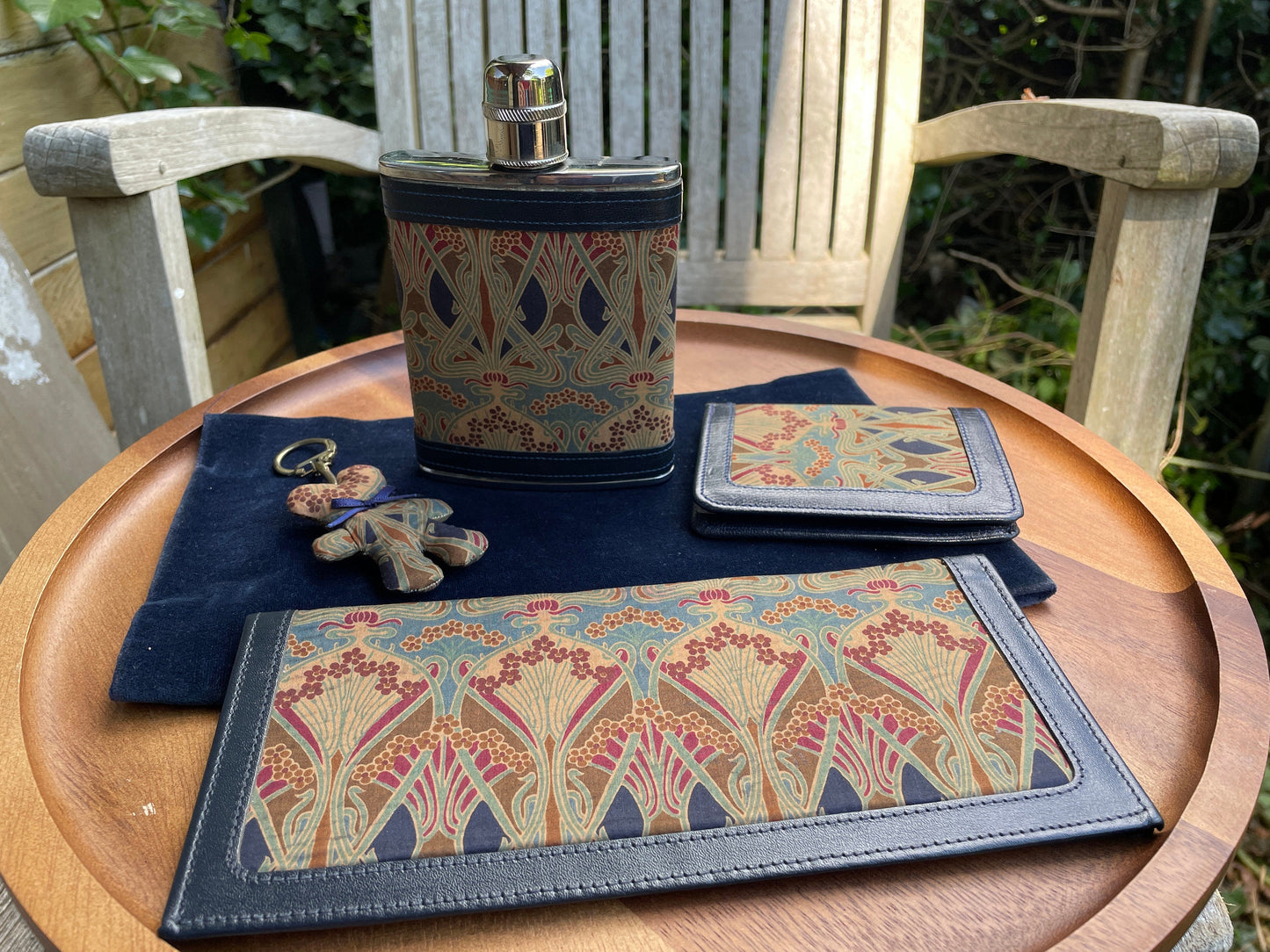 Liberty of London hipflask, Keyring, chequebook holder, wallet set with Lanthe tana lawn cotton fabric and  navy leather trim