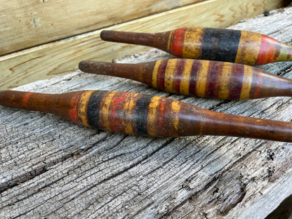 Three Antique wooden chapati bread rolling pins bright original lacquer paint from India 30cm long