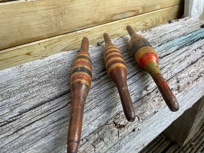 Three Antique wooden chapati bread rolling pins bright original lacquer paint from India 30cm long