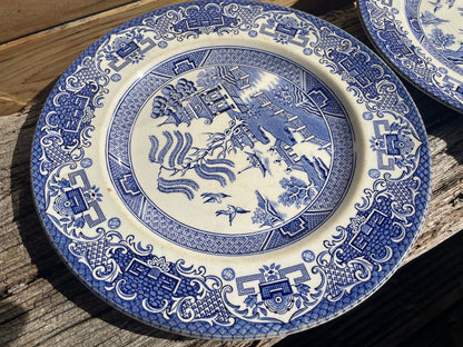 Two Gld Willow Pattern Vintage English Ironstone Pottery Dinner Plates 25cm diameter