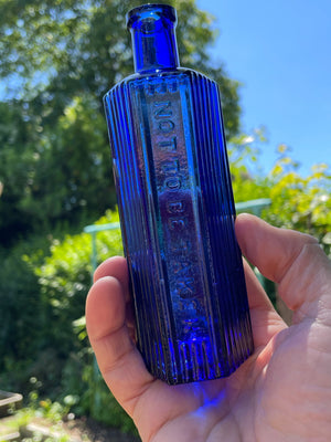 Victorian 6oz Cobalt blue Hexagonal Not to be Taken Poison bottle c1890s - 16cm