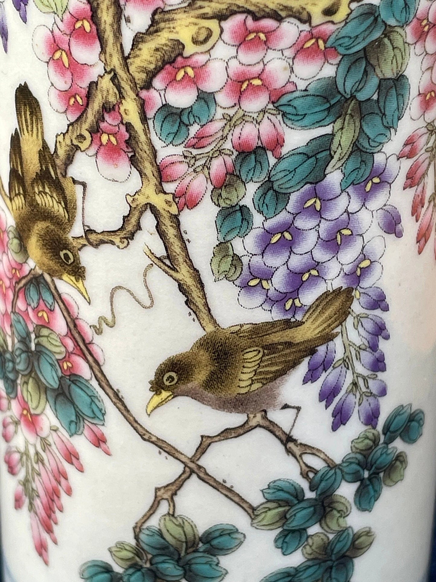 Vintage Chinese Famille Rose Brush Pot, Hand Painted Porcelain Vase with Birds and Blossoms, Calligraphy & Mark, 12cm