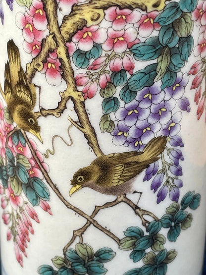 Vintage Chinese Famille Rose Brush Pot, Hand Painted Porcelain Vase with Birds and Blossoms, Calligraphy & Mark, 12cm