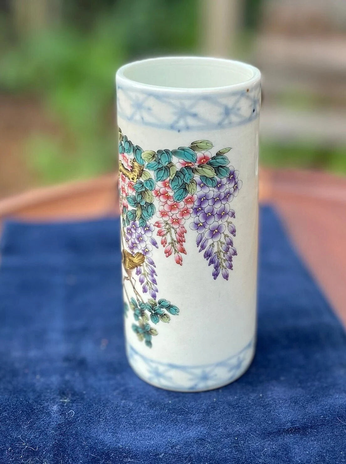 Vintage Chinese Famille Rose Brush Pot, Hand Painted Porcelain Vase with Birds and Blossoms, Calligraphy & Mark, 12cm