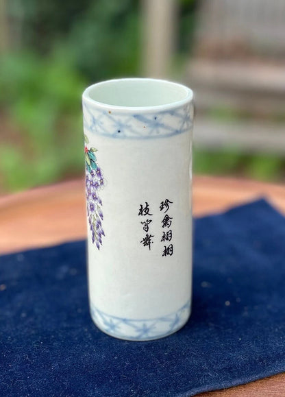 Vintage Chinese Famille Rose Brush Pot, Hand Painted Porcelain Vase with Birds and Blossoms, Calligraphy & Mark, 12cm