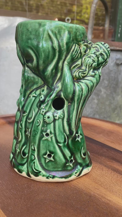 Vintage Green Glazed Wizard Oil Burner | 17cm Ceramic Luminary with Star & Moon Cloak | Mystical Sorcerer Candle Holder