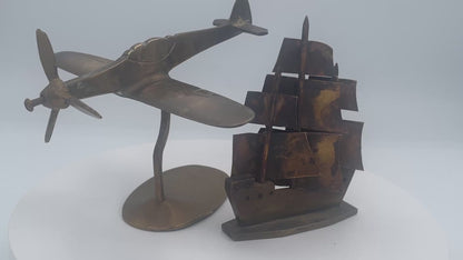 Vintage Brass Trench Art Style Spitfire Plane & Galleon Ship Sculptures Pair