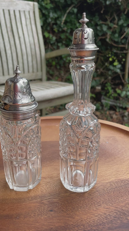 Solid silver topped cut glass matching condiment jar set-  London 1862