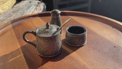 19th century English pewter cruet set with original blue glass liners