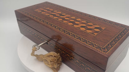 Antique Victorian Tunbridge Ware Mosaic Inlaid Box / Glove Box – 23.5cm Cube Mosaic & Cubes c1870