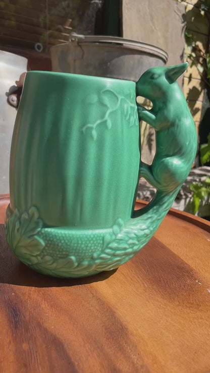 Vintage Sylvac Green Squirrel Jug 1195 | Art Deco Majolica Style Animal Handle Pitcher | Made in England | Woodland Pottery Vase
