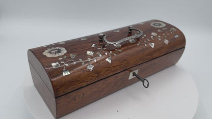 Antique Victorian Rosewood and Mother-of-Pearl Inlaid Domed Glove Box with Original Marbled Lining – Circa 1850–1880