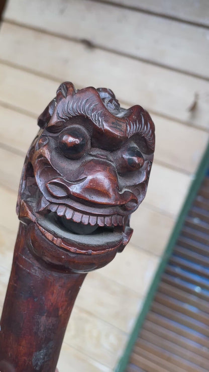 Antique Chinese Dragon Cane with Free-Moving Ball – 19thC Carved Hardwood Walking Stick – Foo Dog Cane with Metal Tip, 92cm