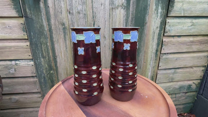 Pair Royal Doulton 19th century stoneware vases signed by Florrie Jones 21cm tall