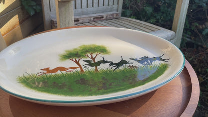 Vintage Scottish Wemyss Ware pottery oval plate dogs chasing fox