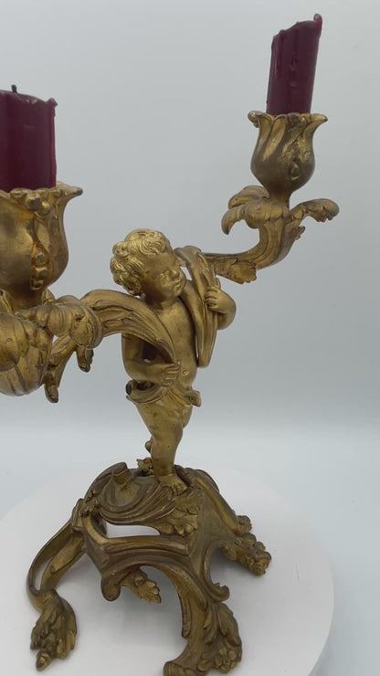 Vintage French Rococo Style Cherub Candelabra – 26cm Twin-Light Gilt Metal Table Centerpiece