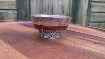 Antique silver and wooden Mongolian cast and hand decorated  bowl