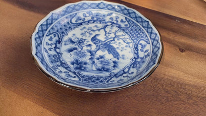 Vintage Japanese Arita Blue and White Porcelain Dish with Peacock and Peony Design – Scalloped Rim, Hand-Painted Mark