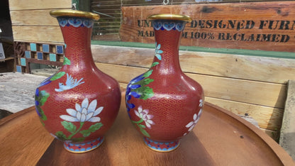 Pair of Cloisonne  Chinese floral and bird design vases 16cm tall