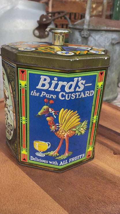 Vintage Bird’s Custard Powder Advertising Tin – Octagonal Collectible Storage Canister with Retro Graphics