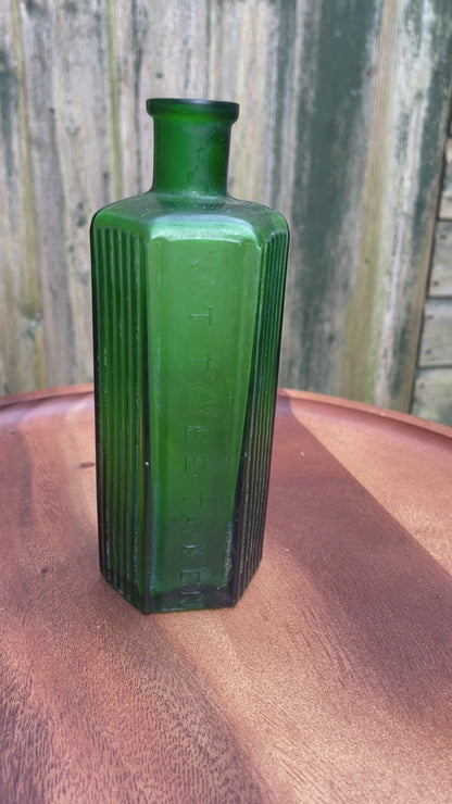 Victorian green hexagonal 'Not To Be Taken' ribbed Poison Bottle c1890's 17cm tall