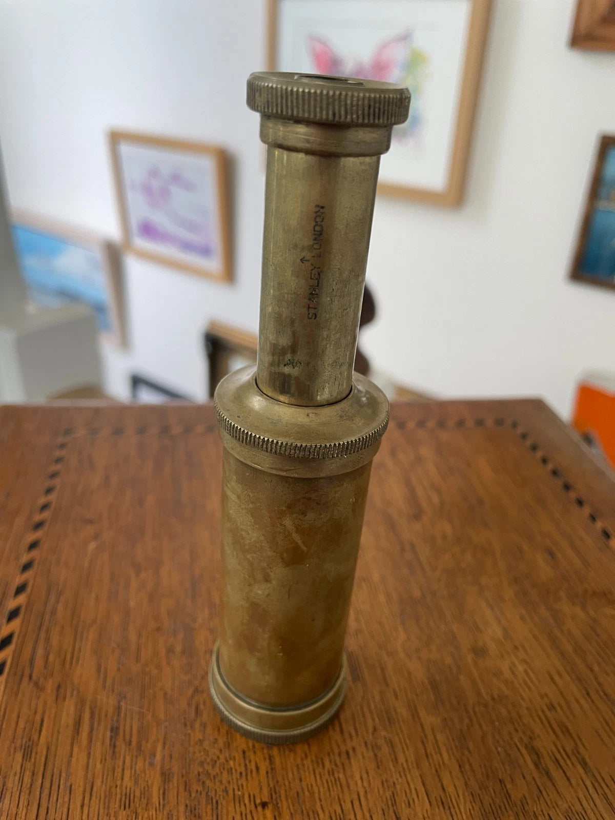 Antique Stanley London Brass Field Microscope – Compact Pull-Tube Optical Instrument (c.1910–30)